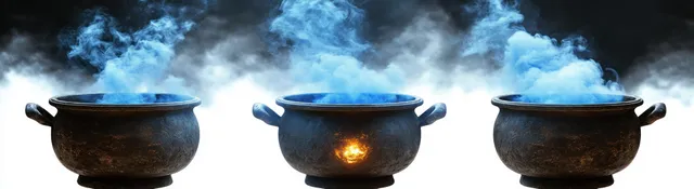 Three rusty cauldrons glow faintly while thick blue smoke rises against a dark cloudy backdrop.