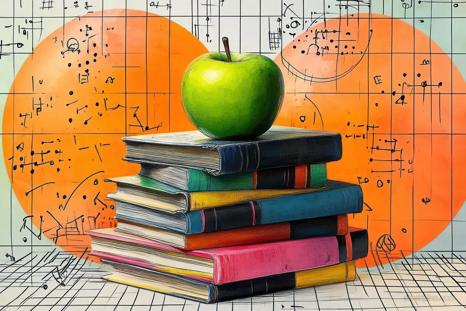 An apple rests on a stack of colorful books against a musical sheet grid background with orange circles.