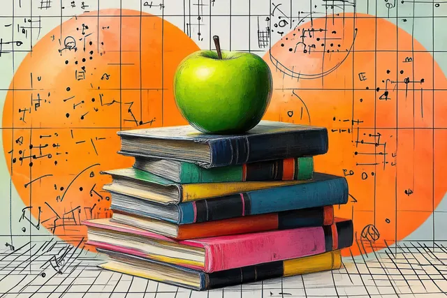 An apple rests on a stack of colorful books against a musical sheet grid background with orange circles.