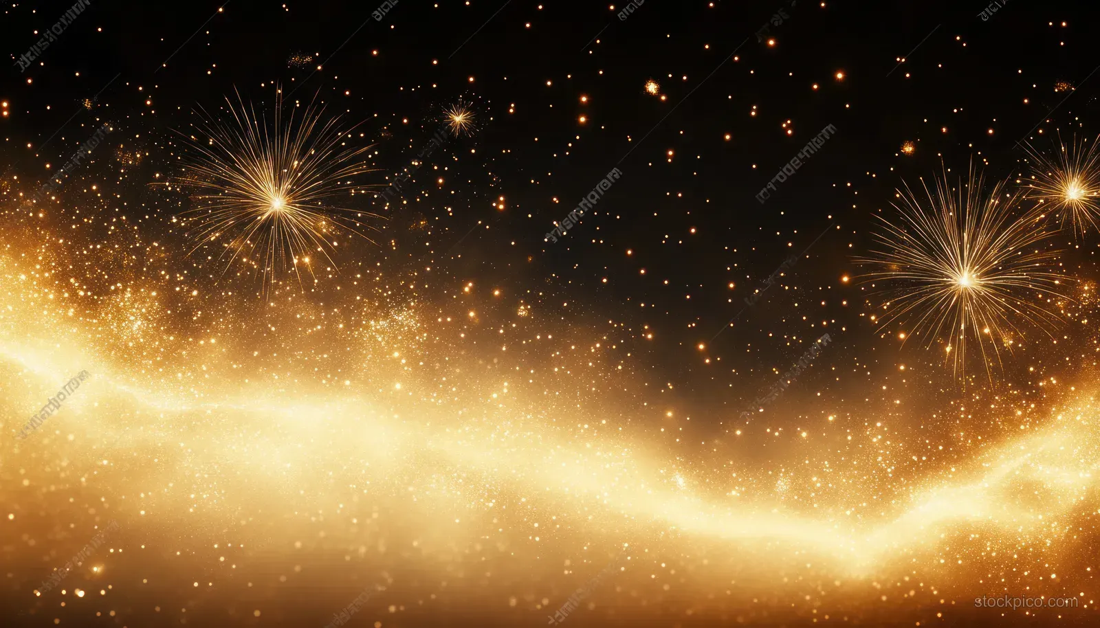 Golden fireworks burst in a dark night sky with glowing smoke clouds spreading across the scene.