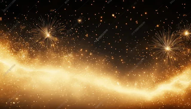 Golden fireworks burst across night sky, glowing smoke cloud backdrop celebration