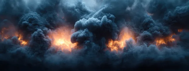 Dense black smoke billows upward with glowing embers and flames scattered through the dark cloudscape.