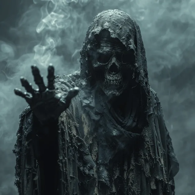 Grim Reaper in black hooded cloak reaching forward through smoky foggy Halloween night