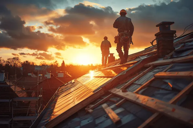 Construction workers installing roof trusses at sunset with dramatic orange clouds