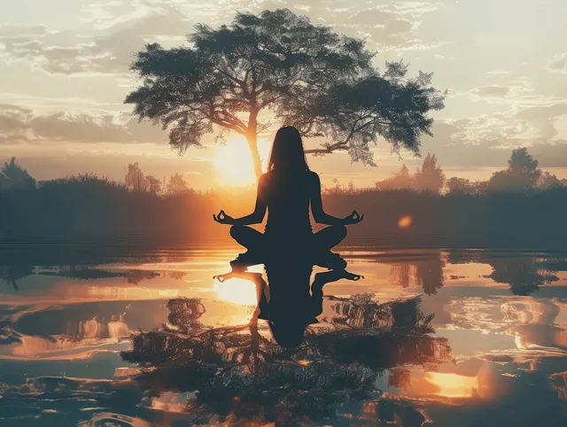 A meditating woman in lotus pose is layered over a sunset landscape with a lone tree silhouette.