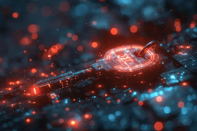 Cyber key unlocking digital security on blue circuit background with glowing data
