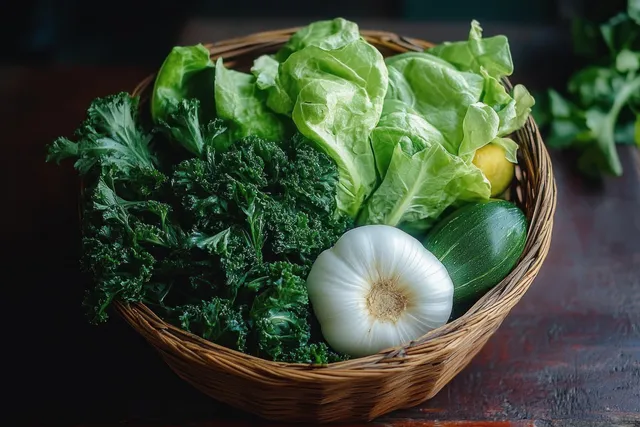 Woven basket of leafy greens, cucumber, radish, and onion on dark kitchen table