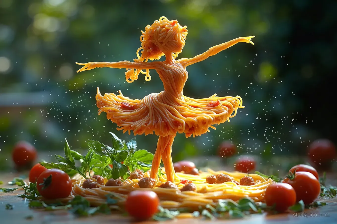 Spaghetti ballet dancer made from tomato sauce twirls on a countertop with cherry tomatoes and herbs around it.