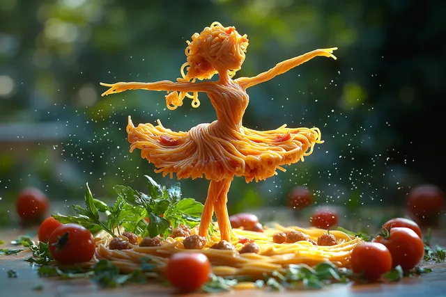 Spaghetti ballet dancer in tomato sauce with cherry tomatoes and herbs on kitchen counter