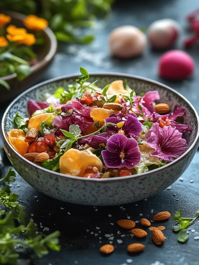 A warm buckwheat salad with beetroot mushrooms, hazelnuts, and fresh herbs is presented in a rustic bowl.