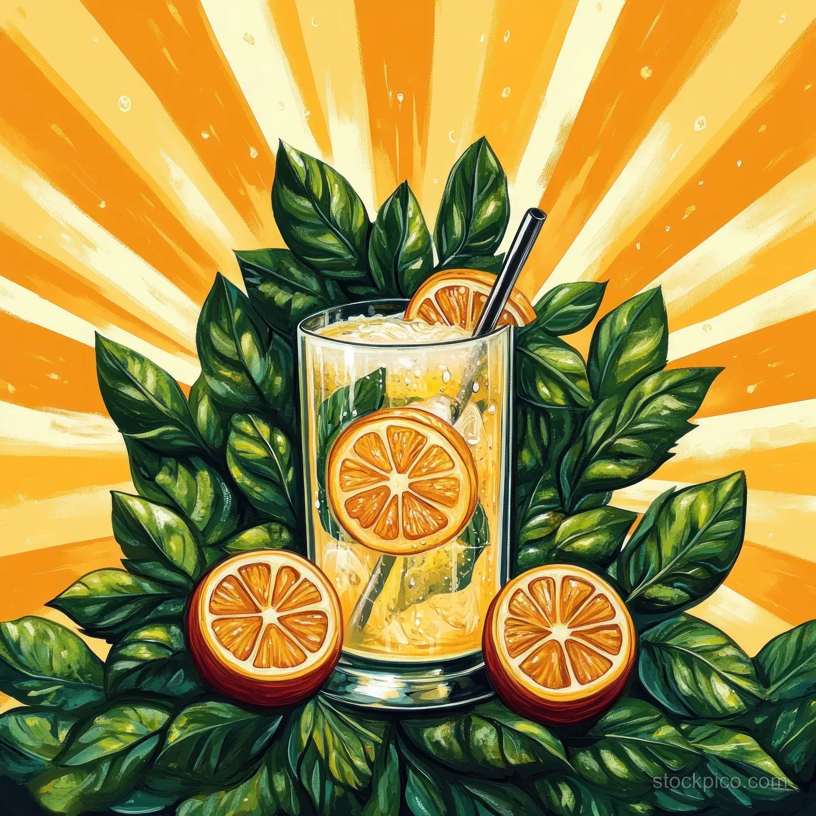 Icy citrus juice in a glass with a metal straw, orange slices, and fresh green leaves on a yellow sunburst background.