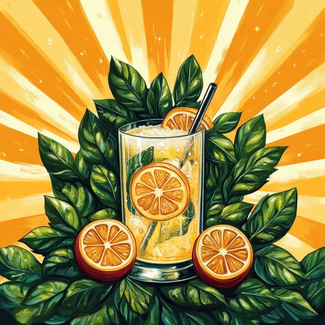 Icy citrus juice in a glass with a metal straw, orange slices, and fresh green leaves on a yellow sunburst background.