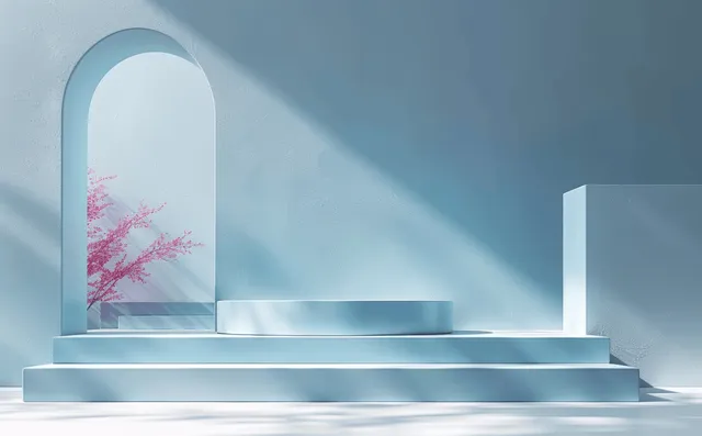 Light blue geometric podium stage with arched window for product mockup