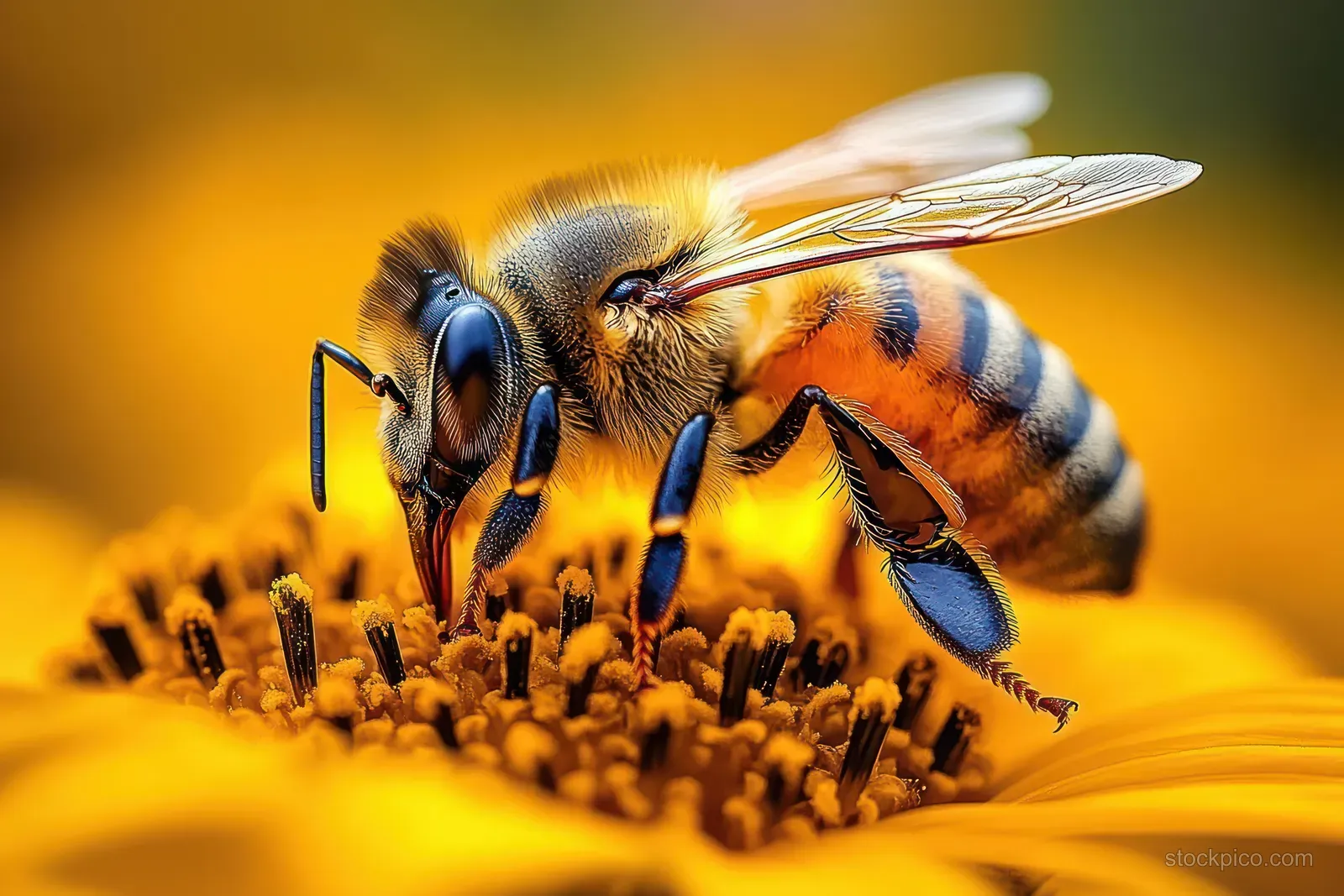A bee collects nectar on a bright yellow flower, showing detailed fuzzy body, legs, and translucent wings.
