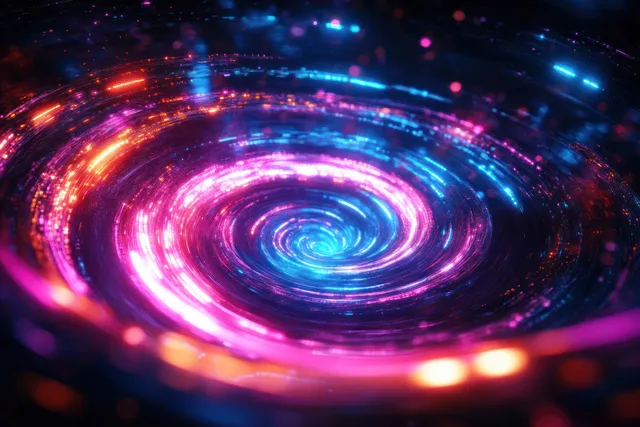Neon lights form a swirling vortex spiral with blue, pink, and orange glowing trails.