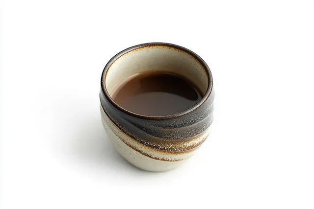 A ceramic coffee mug filled with dark espresso sits on a white background, showing a swirled brown and beige glaze.