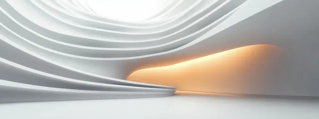 Minimalist futuristic interior with flowing white curves and warm light corridor perspective