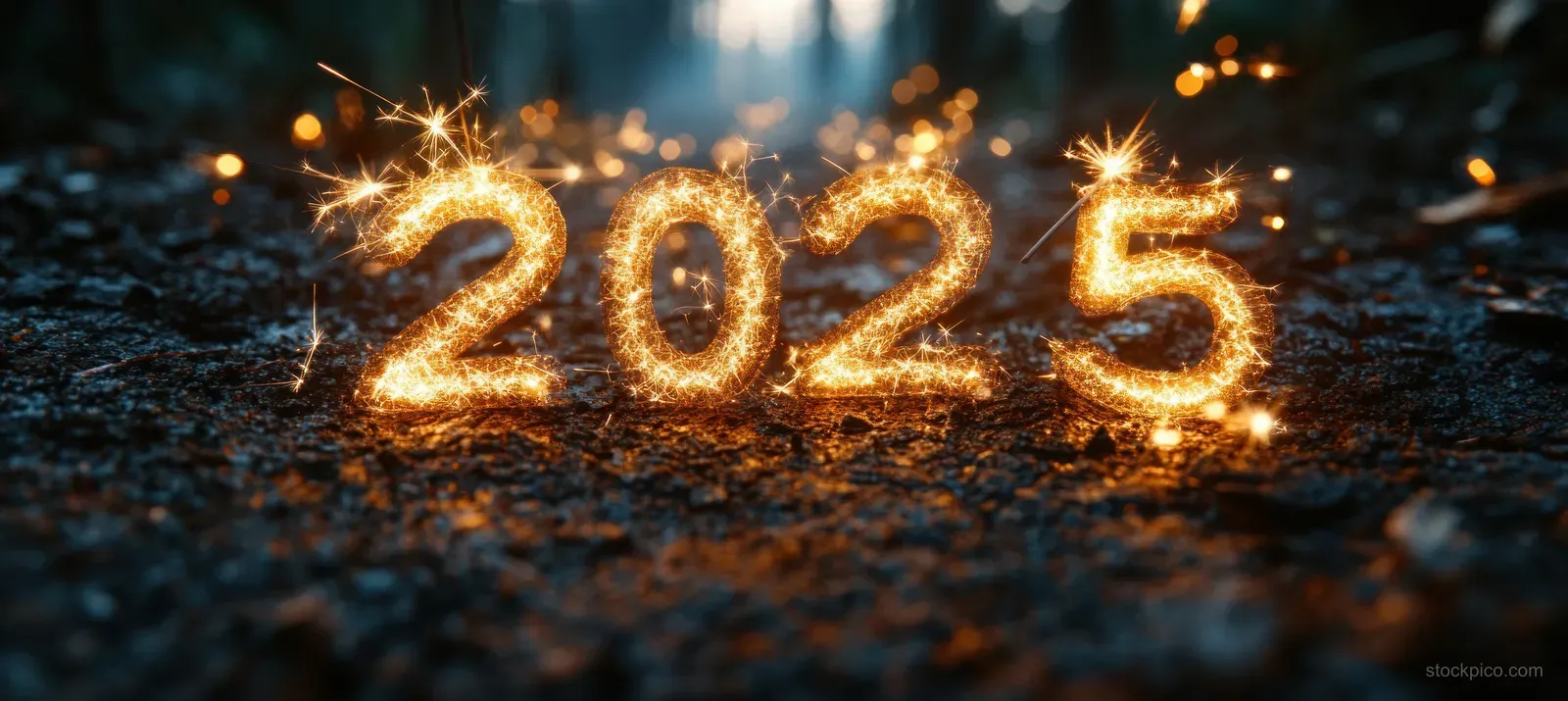 Golden 2025 sparkler numerals glow on a dark textured background with small bokeh light points.