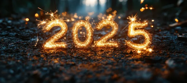 Golden 2025 sparkler numerals glow on a dark textured background with small bokeh light points.