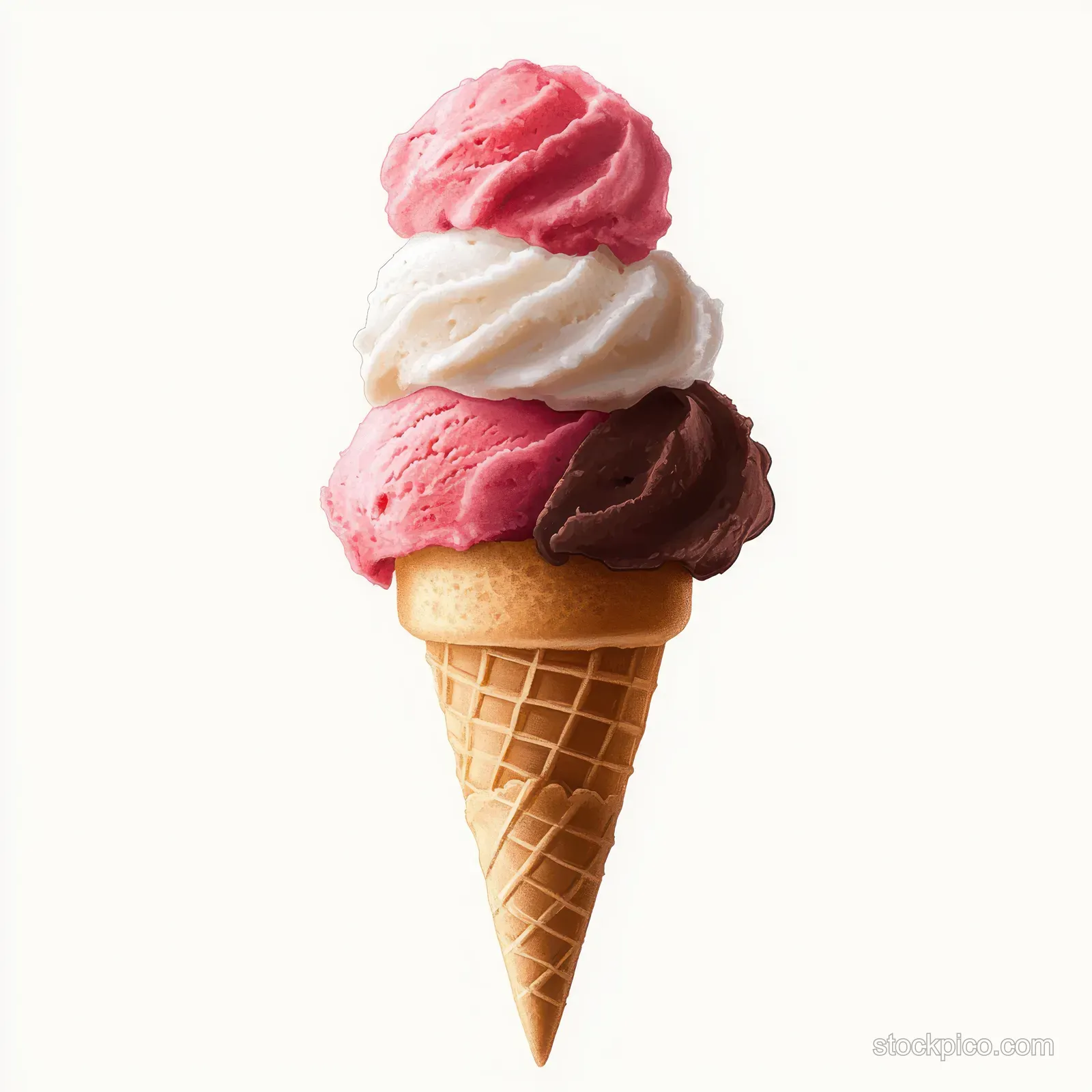Triple-scoop ice cream cone with chocolate, vanilla, and strawberry scoops on a waffle cone.