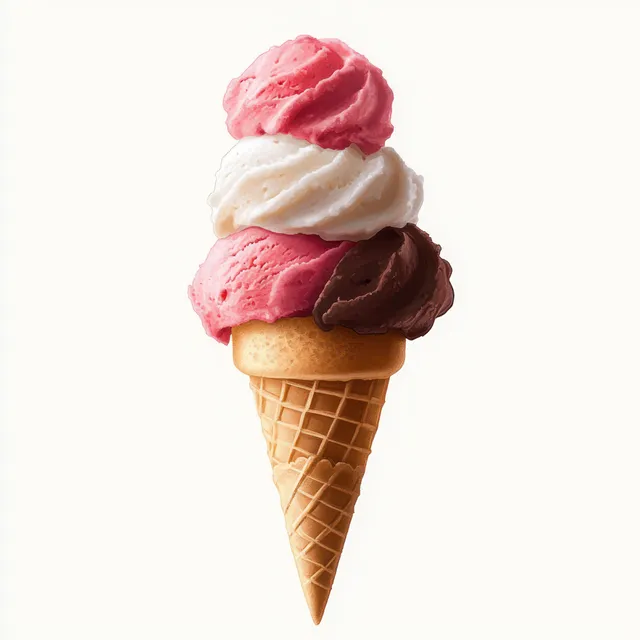 Whimsical triple-scoop ice cream cone with chocolate vanilla strawberry scoops