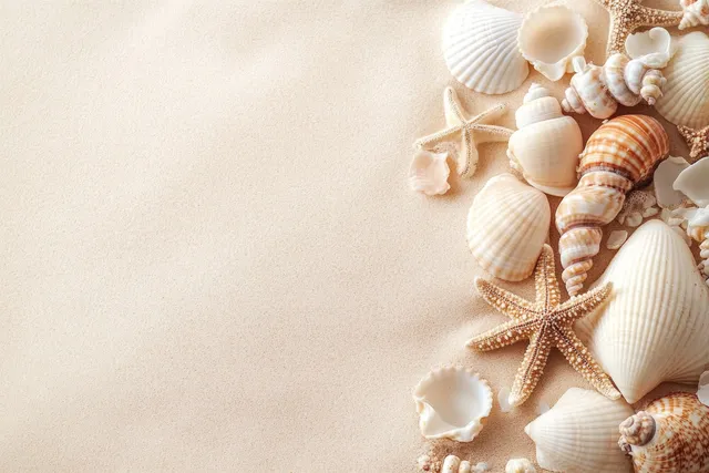 Beige sand with seashells and a starfish arranged along the right edge in a top-down coastal layout.