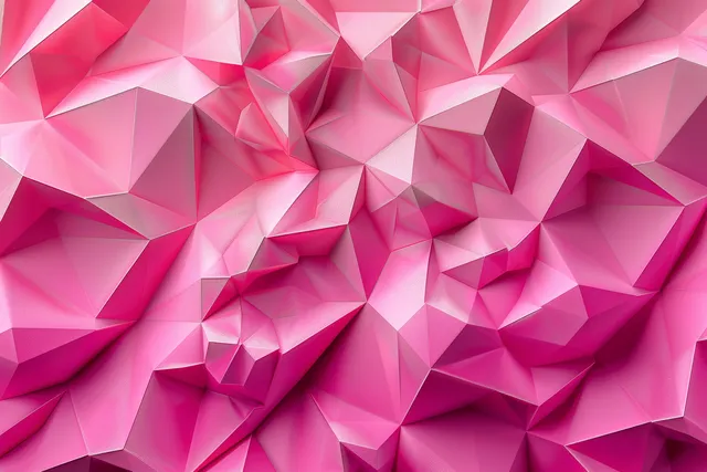 Pink low-poly 3D triangular facets form a faceted abstract background with bright highlights and deep shadows.