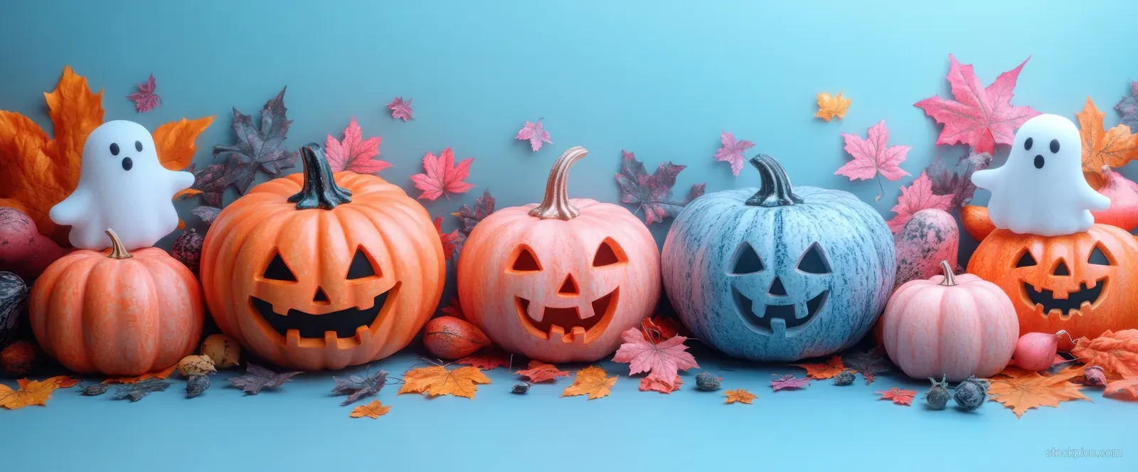 Carved pumpkins, ghost figures, and bats sit in a Halloween decoration arrangement on a pastel blue background.