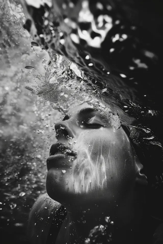 Female swimmer performing 100m backstroke race, black-and-white action shot with splashing water