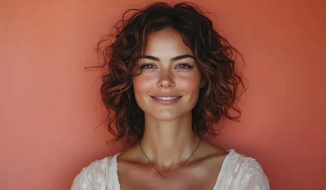 Smiling woman with radiant skin in soft coral light, minimalist portrait