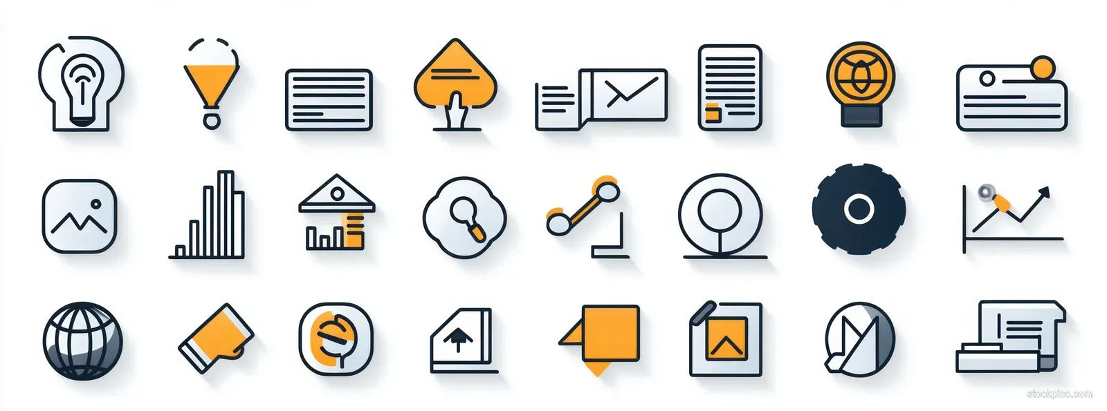 Orange and black business analytics icon grid with charts, documents, arrows, search, and email symbols.