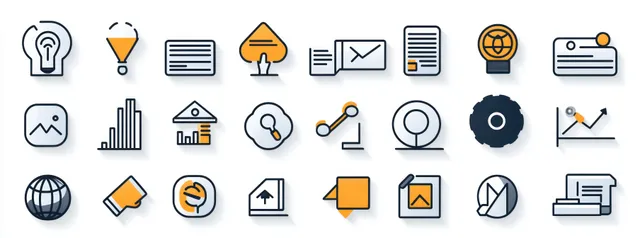 Set of business analytics icons showing charts, documents, arrows, and communication symbols