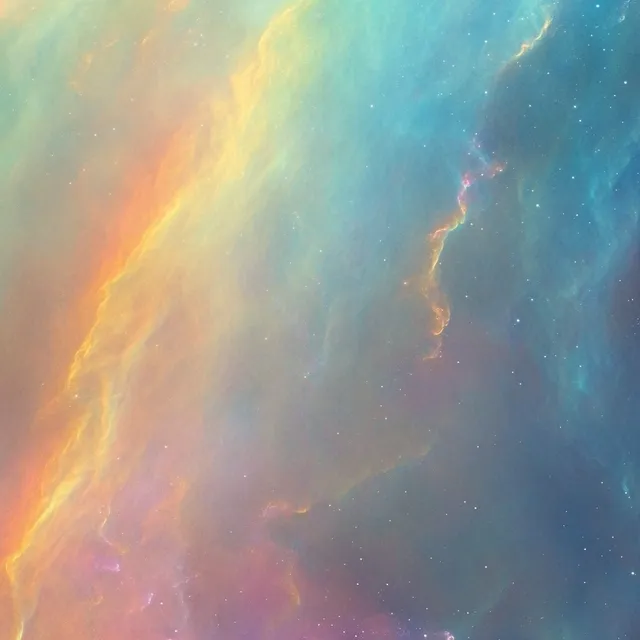 Swirling cosmic nebula clouds with blue glow, orange streaks, and scattered starlight