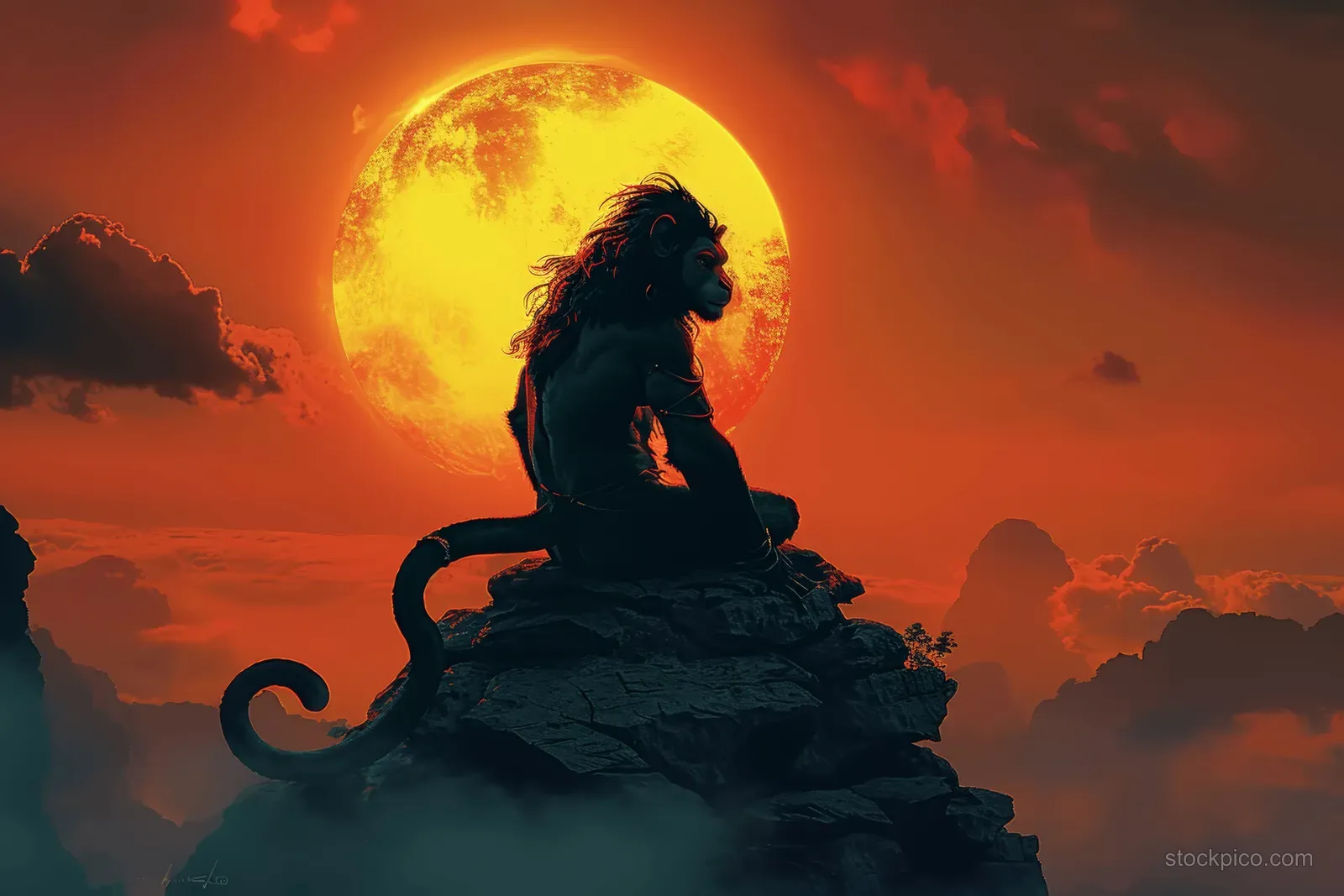 A striking Hanuman silhouette stands on a mountain peak against a vibrant fantasy sunrise and dramatic clouds in watercolor style.