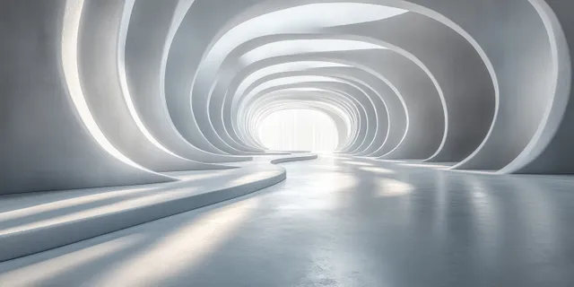 Concentric white rings tunnel with glowing rim lines and metallic floor