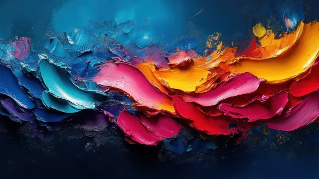 Vibrant paint strokes and halftone grunge textures on a dark abstract background