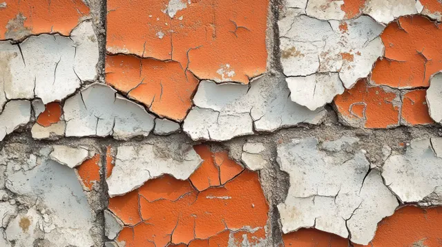 Close-up of cracked concrete wall with peeling orange and white paint exposing rough layers underneath.