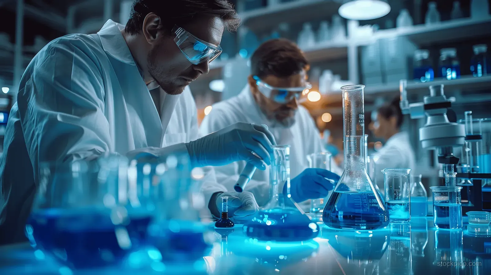 Scientists in a modern laboratory pipette blue liquid beside test tubes and glass flasks with microscopes in the background.