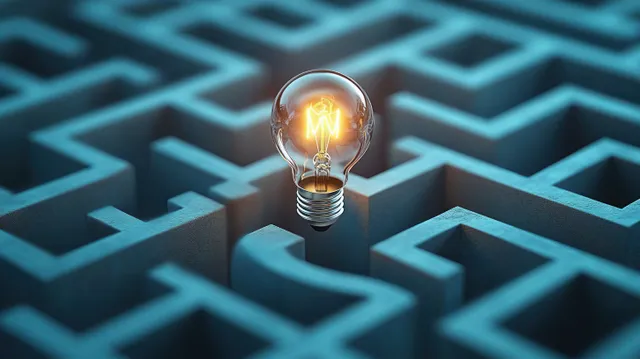 Glowing light bulb floats above a complex blue maze of connected paths.