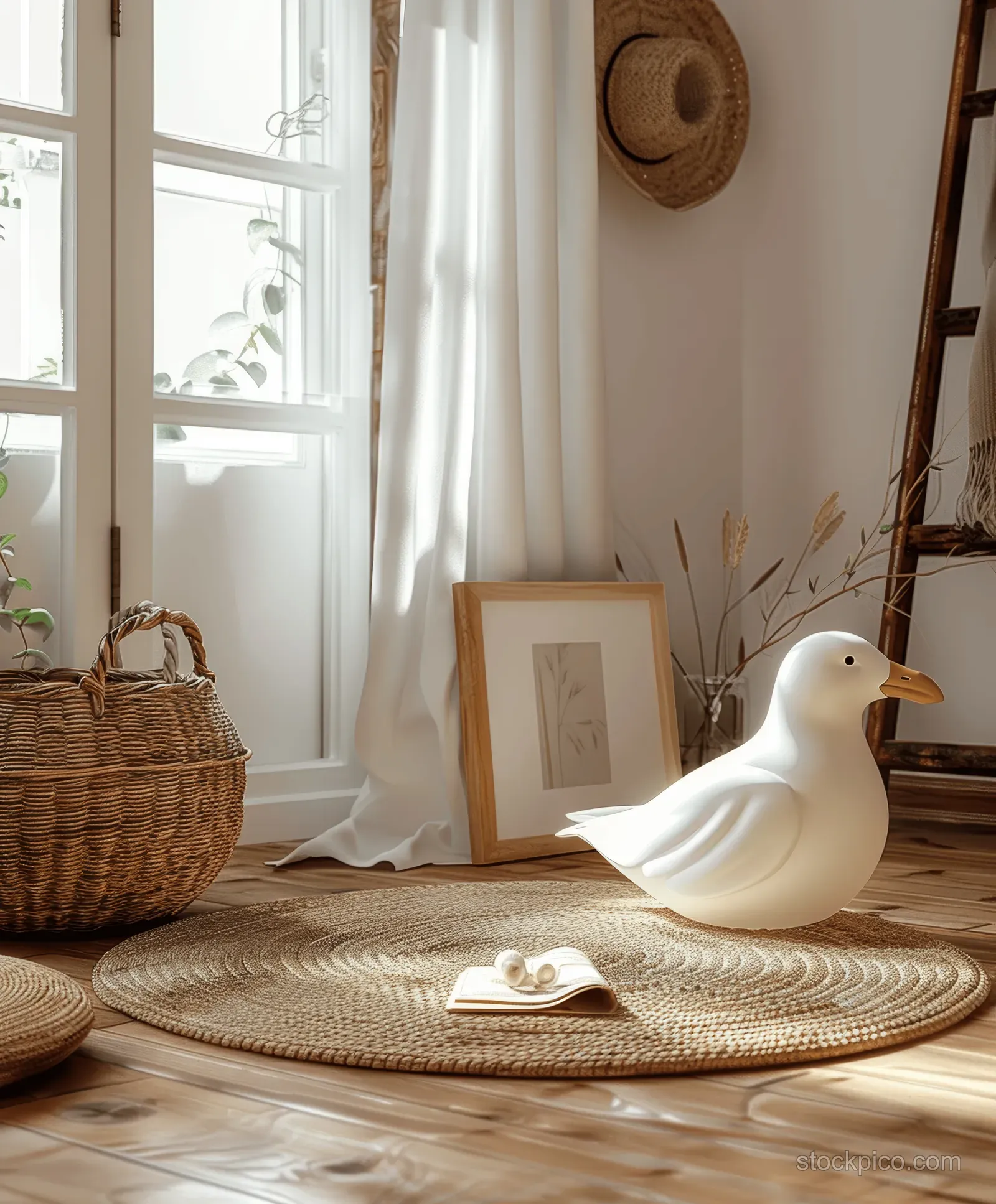 White wooden frame leans beside a woven rug, basket, and decorative bird in a sunlit room.