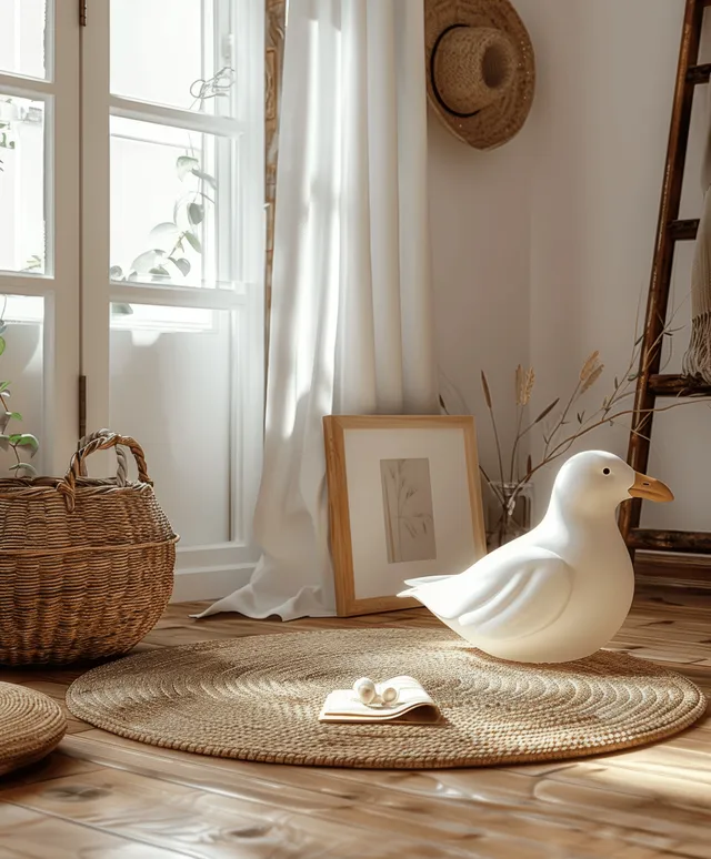 White wooden frame beside woven rug in sunlit bohemian room