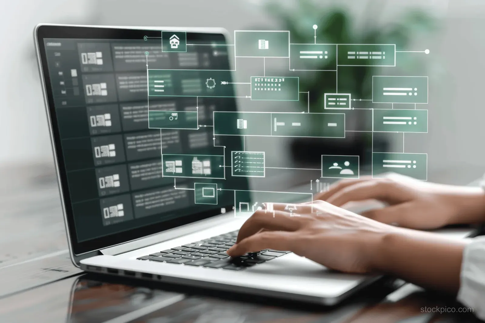 Hands typing on a laptop with a virtual checklist and document workflow overlay on the display.