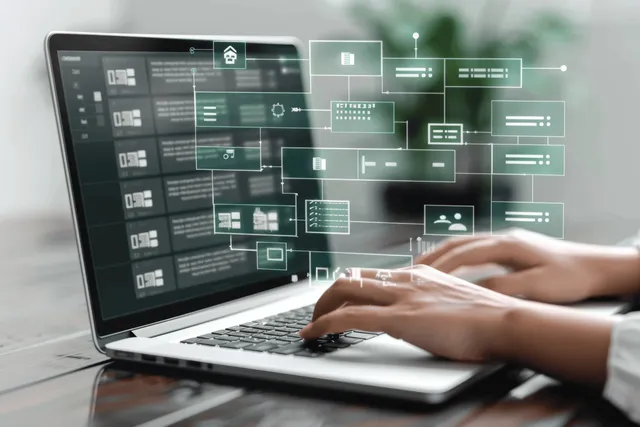 Businesswoman using laptop with virtual screen checklist interface for document management