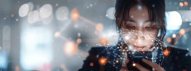 Woman in city lights uses smartphone as blue network data pulses around her