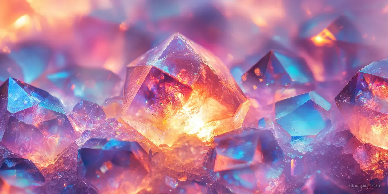 Prismatic crystals with warm orange and cool blue glow filling the frame in an abstract macro composition.