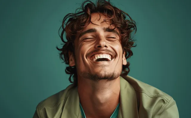 Laughing young man with curly hair in bright green shirt, studio close-up on teal backdrop
