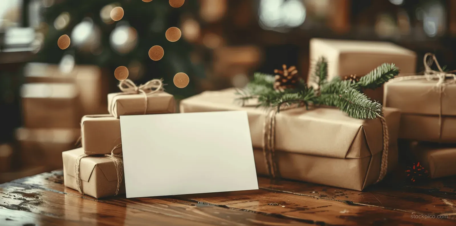Blank white postcard on a wooden cafe table in front of wrapped Christmas gift parcels and pine greenery.