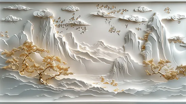 White stucco mural landscape with gold clouds, mountains, rivers, and stylized trees