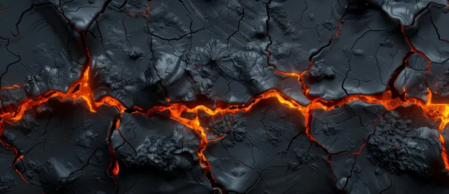 Glowing lava flows snake through cracked dark rock while small flames flicker along the fissures.