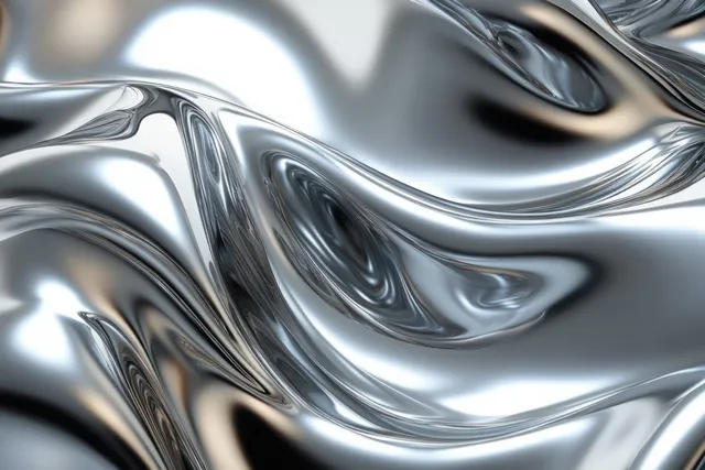 Shiny chrome liquid ripples forming reflective waves with flowing metallic swirls